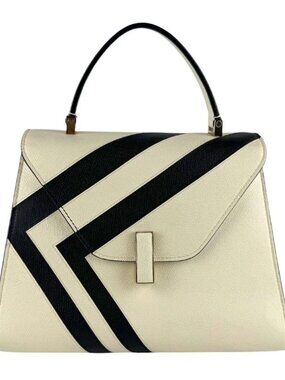 Auth Valextra Iside Handbag Shoulder Bag Off White/Black Leather/Goldtone z9318